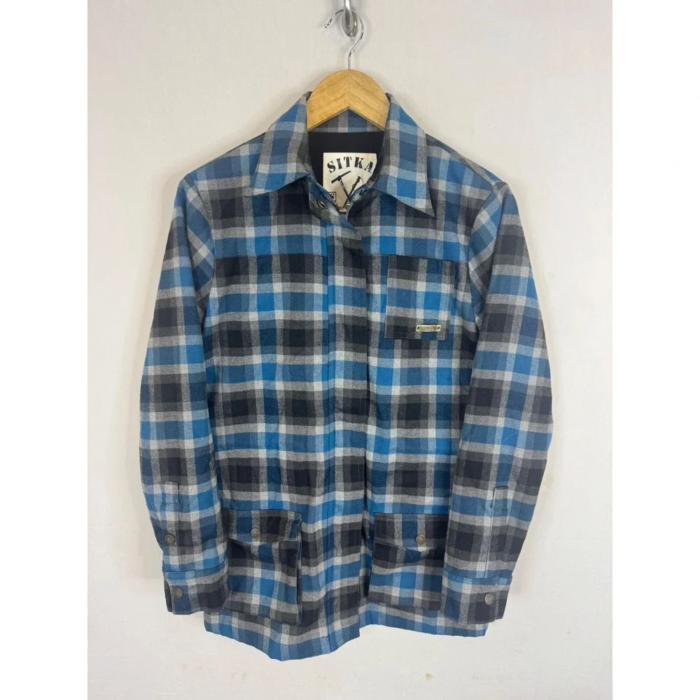 Sitka Blue Plaid Zip Up Shirt Jacket Mens Small Vancouver Island Buffalo Check